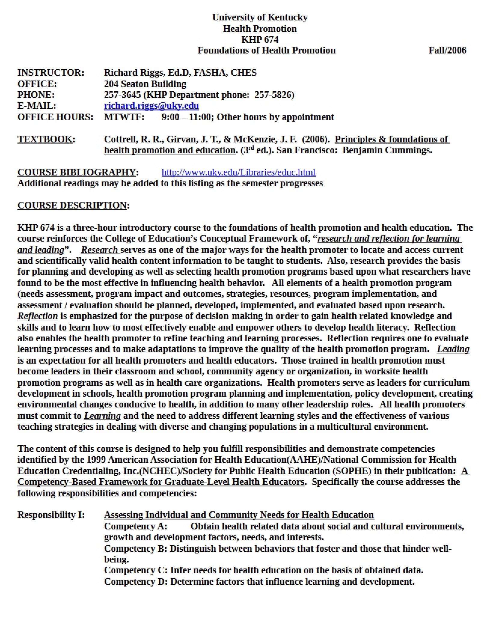 Syllabus for Health Promotion Foundations