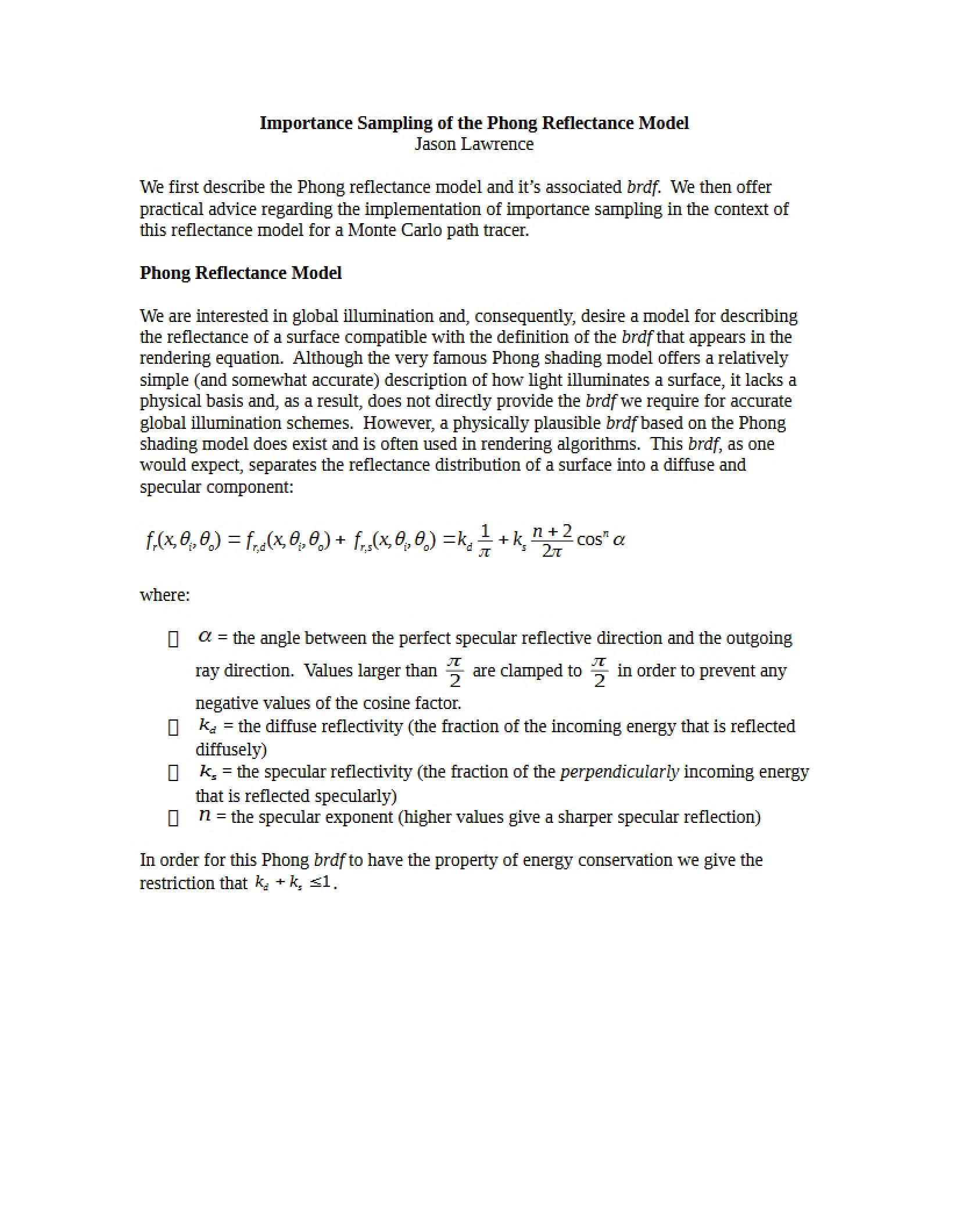 Phong Reflectance Model Importance Sampling