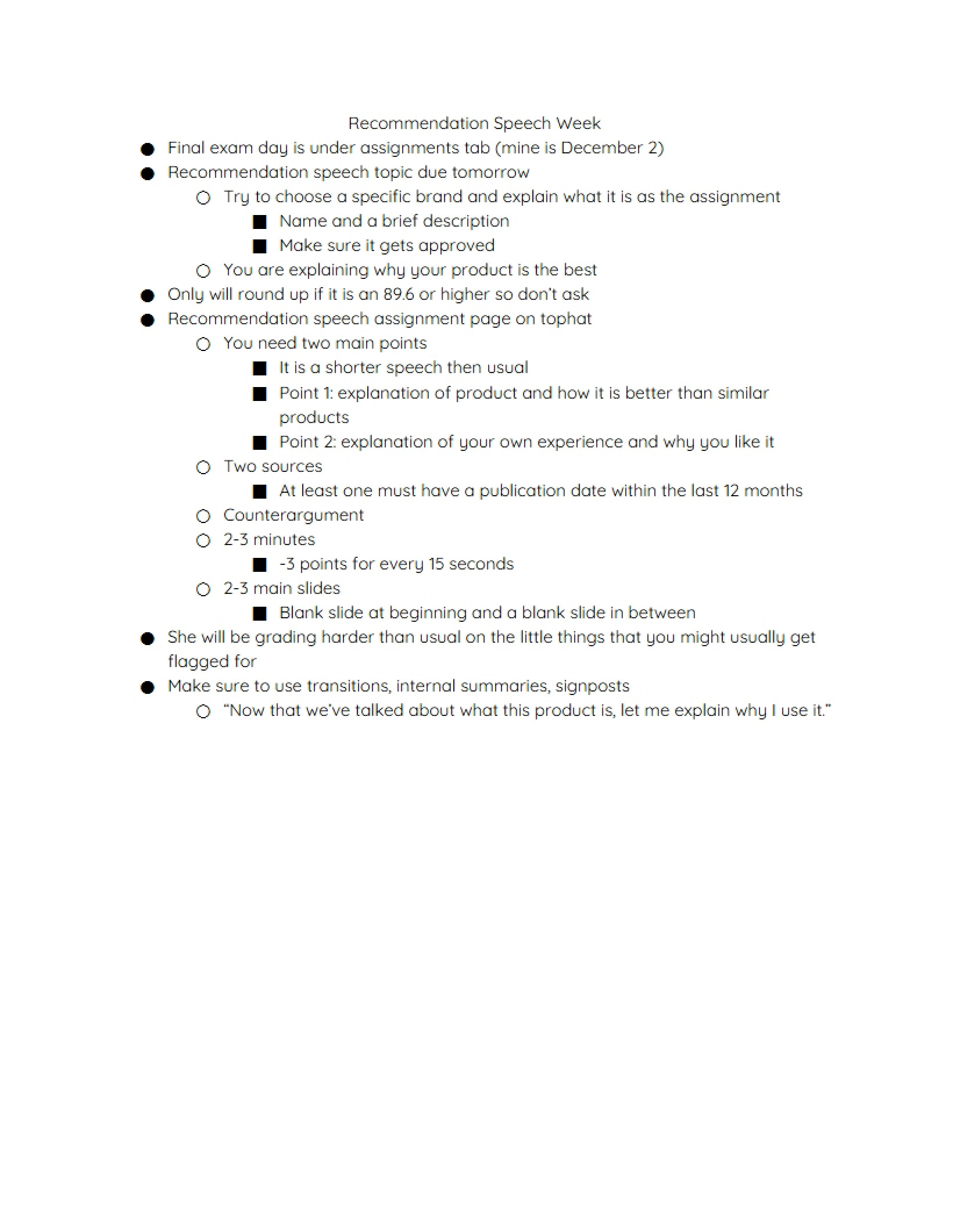 Week of Recommendation Speeches