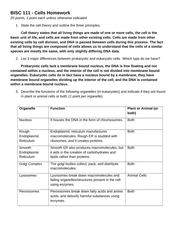 Homework on Cells