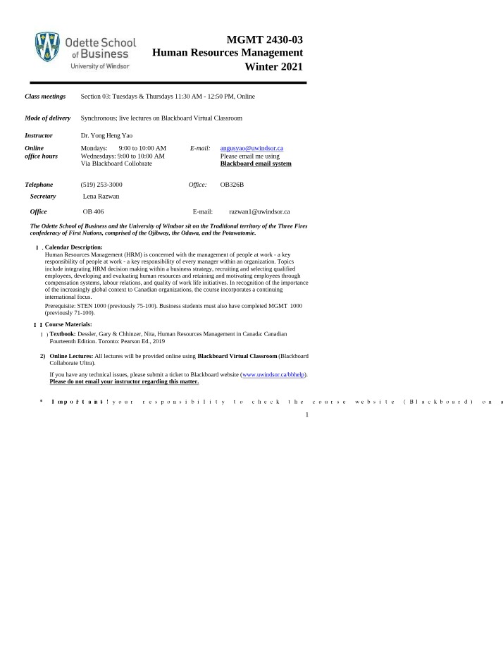 Human Resources Management Course Outline Winter 2021