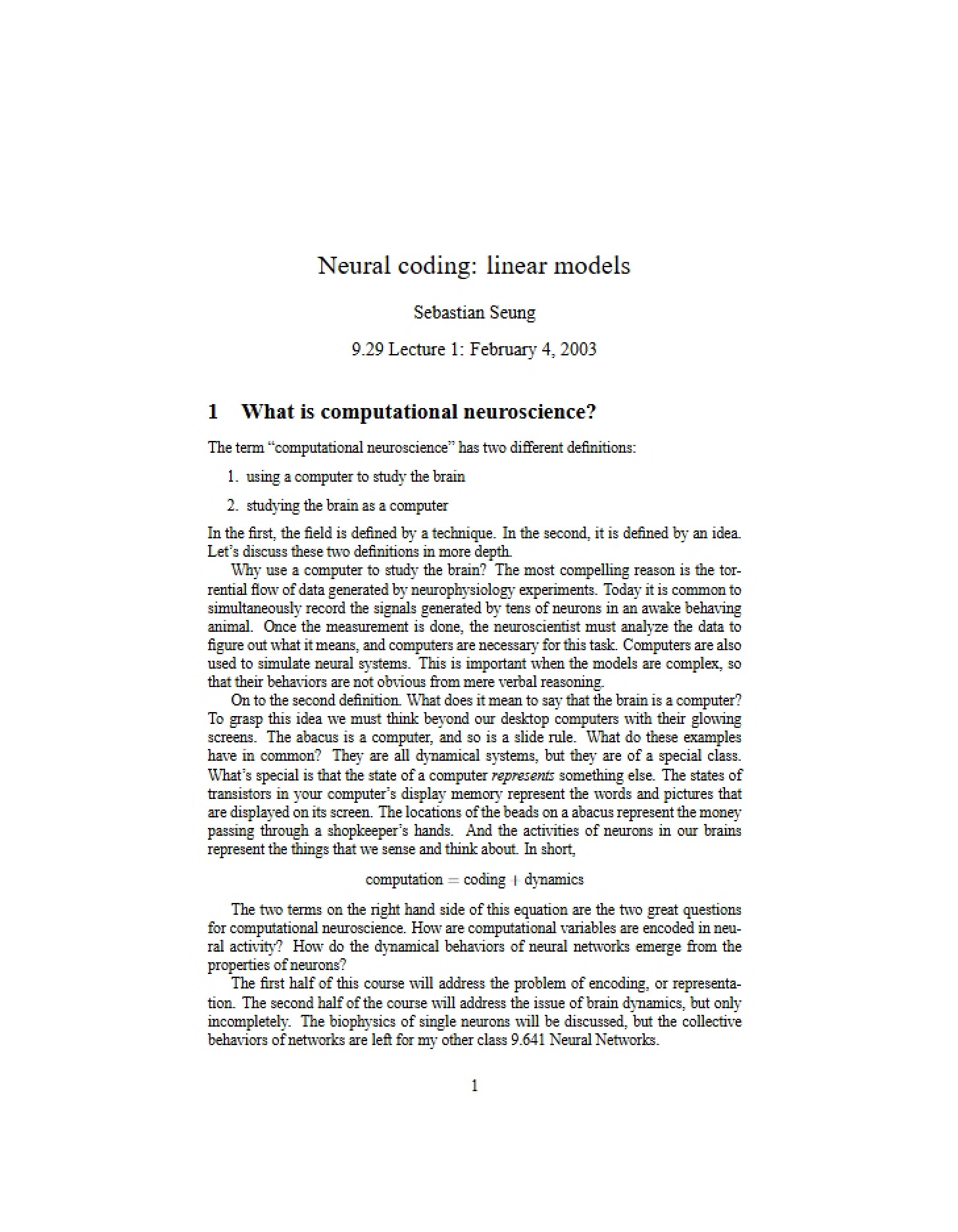 Coding in Neural Systems