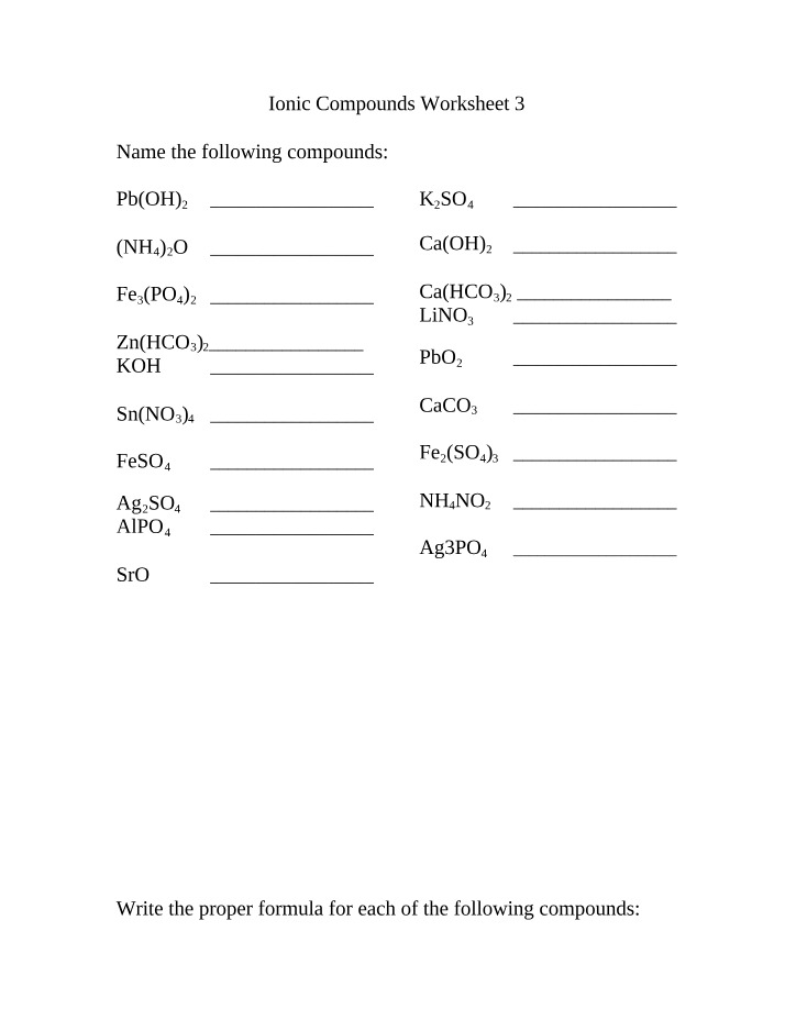 Worksheet 3 - Ionic Compounds