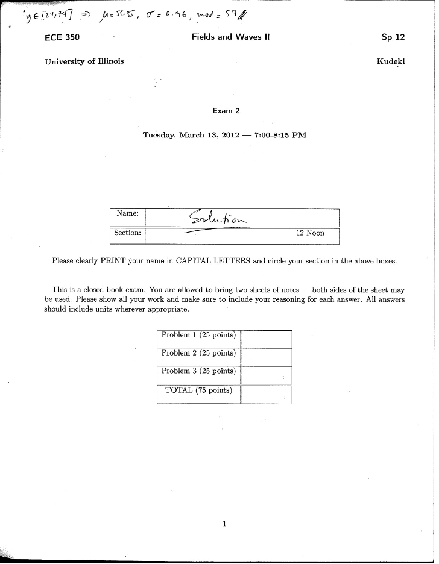 Spring 2012 Exam 2 Solutions