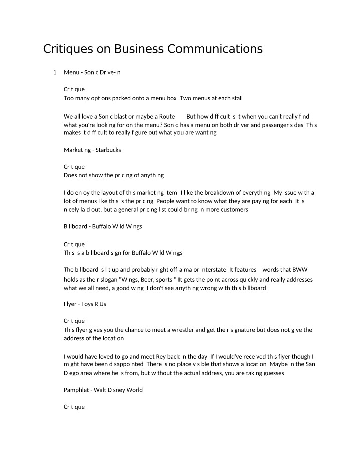 Critiques of Business Communications Assignments