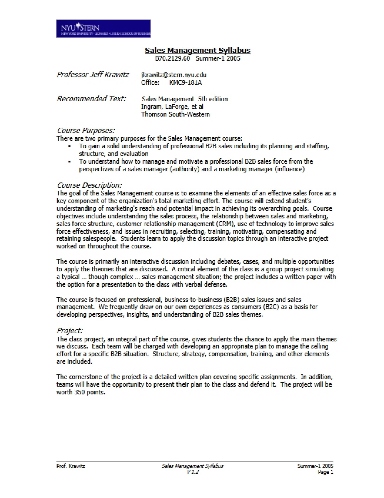 Management of Sales Class Outline