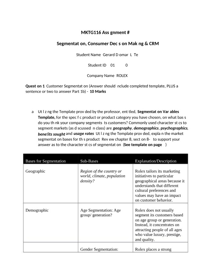 MKTG116 Assignment 2 Rubric