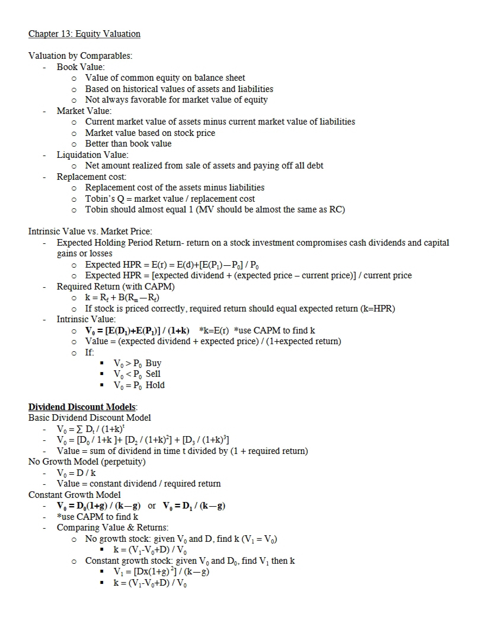 Valuation of Equity - Chapter 13