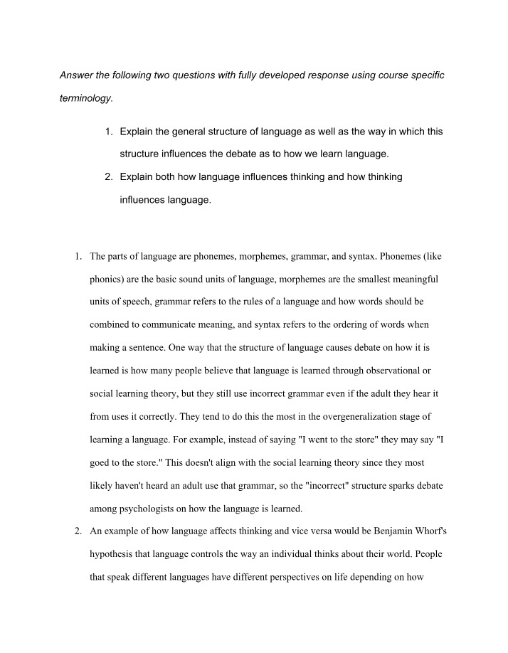 Learning and Thinking - The Influence of Language Structure