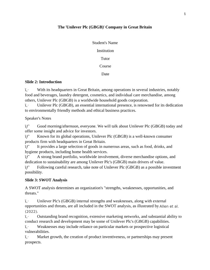 Unilever Plc Company Analysis and Financial Evaluation