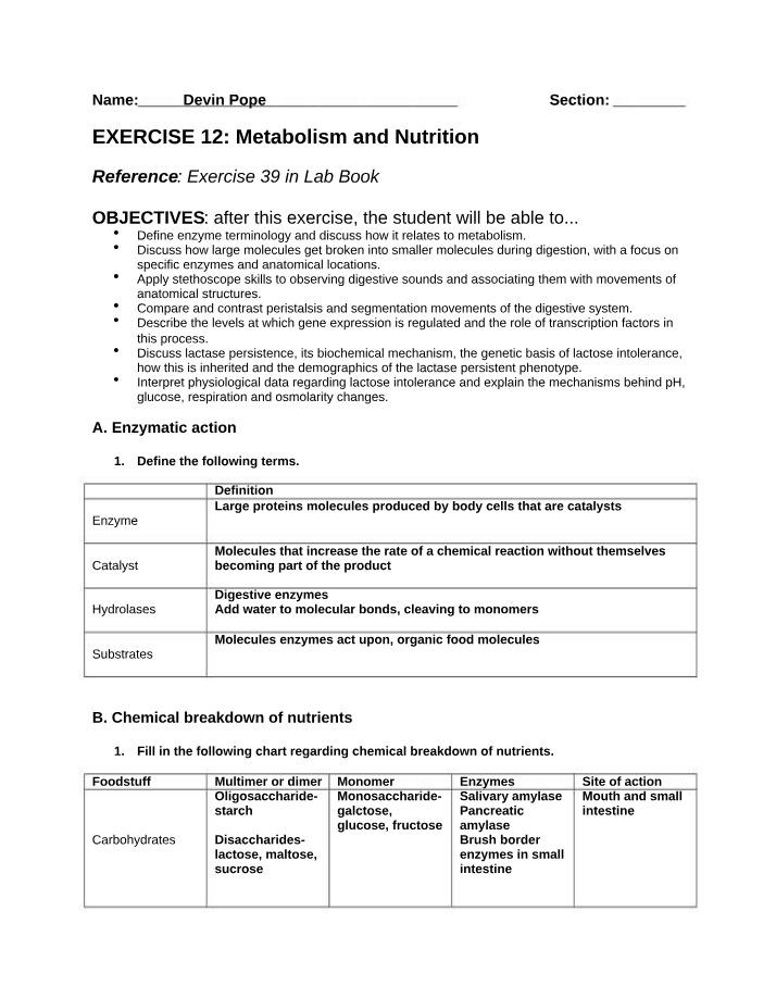 Metabolism and Nutrition - Exercise 12