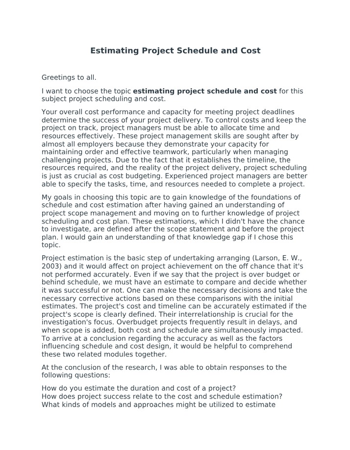 Key Factors for Project Schedule and Cost Estimation