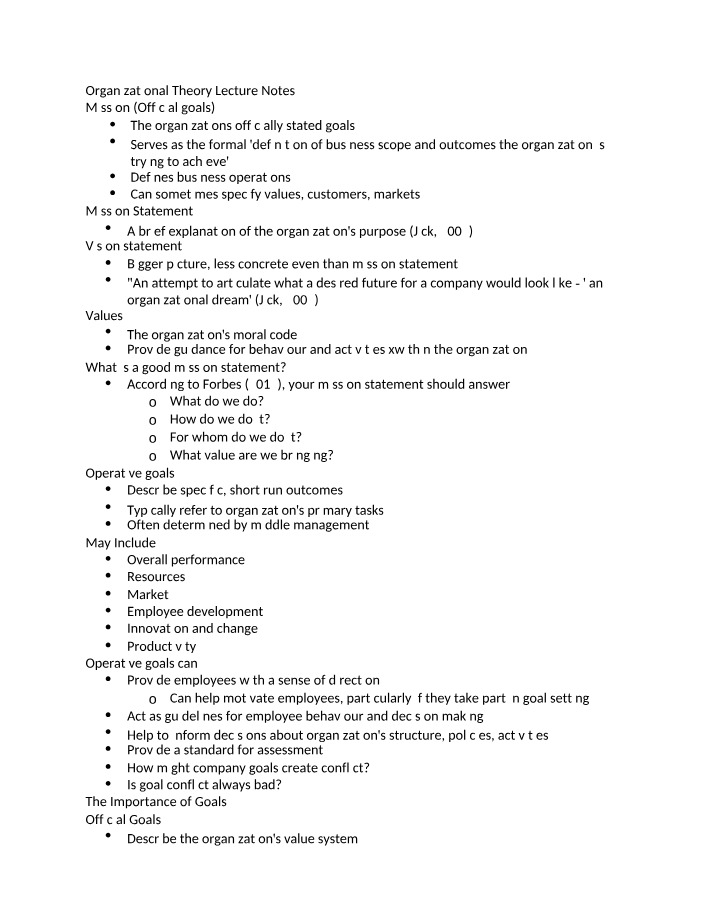 Lecture Notes on Organizational Theory
