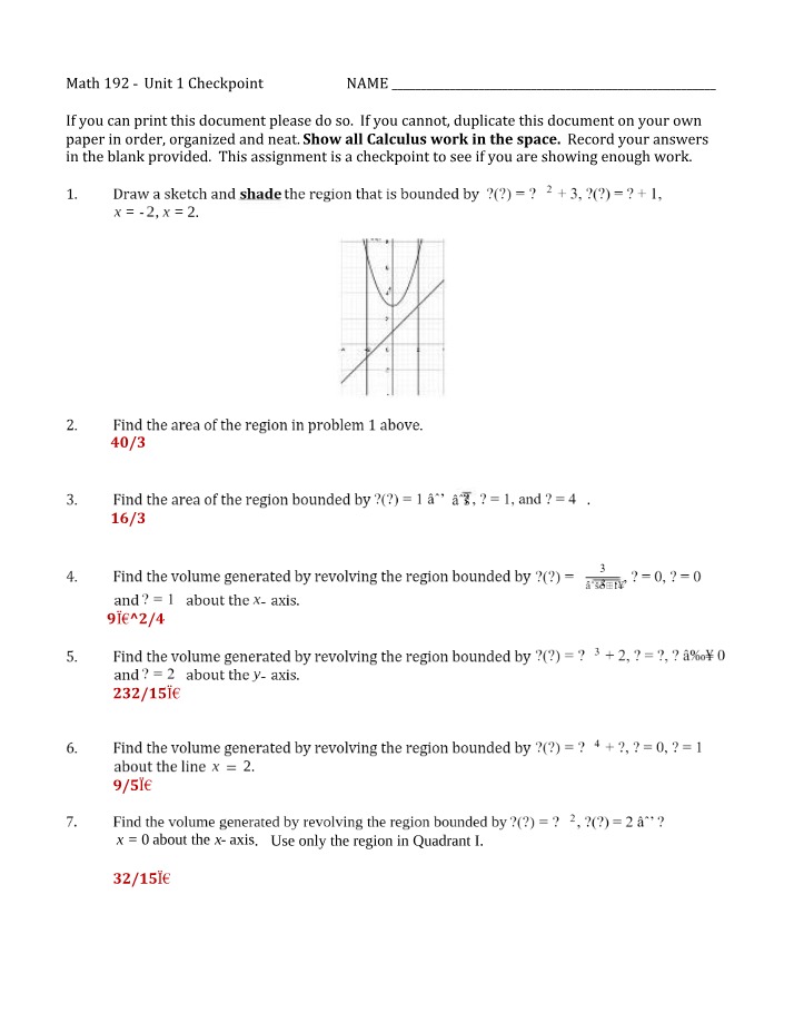 Calculus Checkpoint - Volumes, Bounded Regions