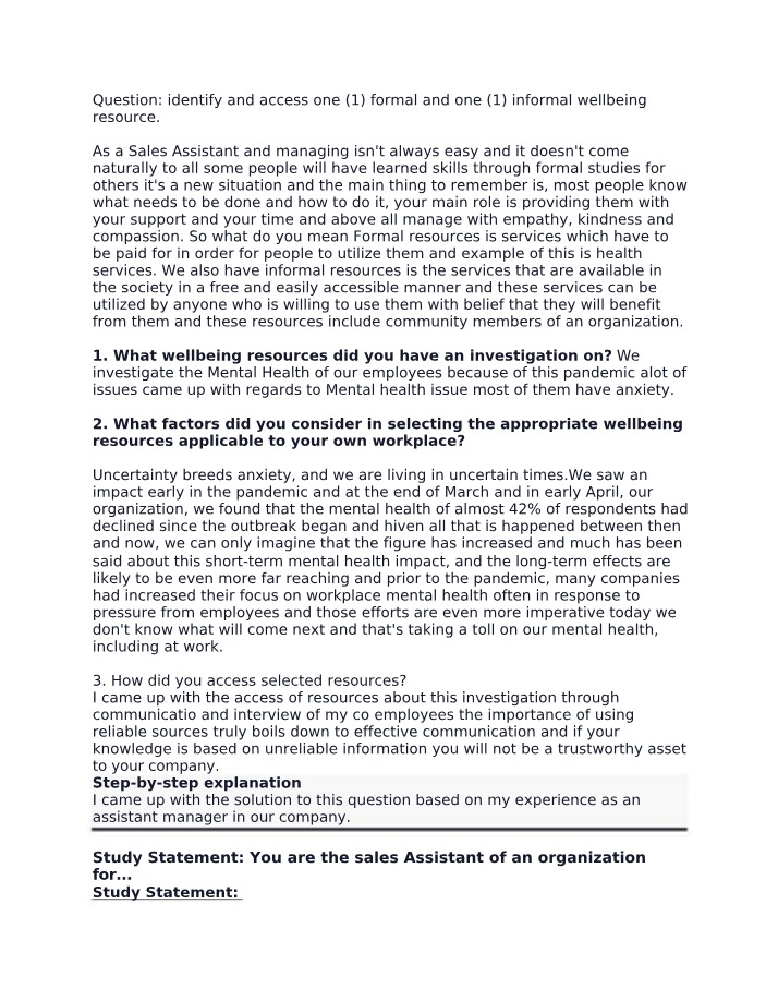 Workplace Wellbeing - Formal and Informal Resources