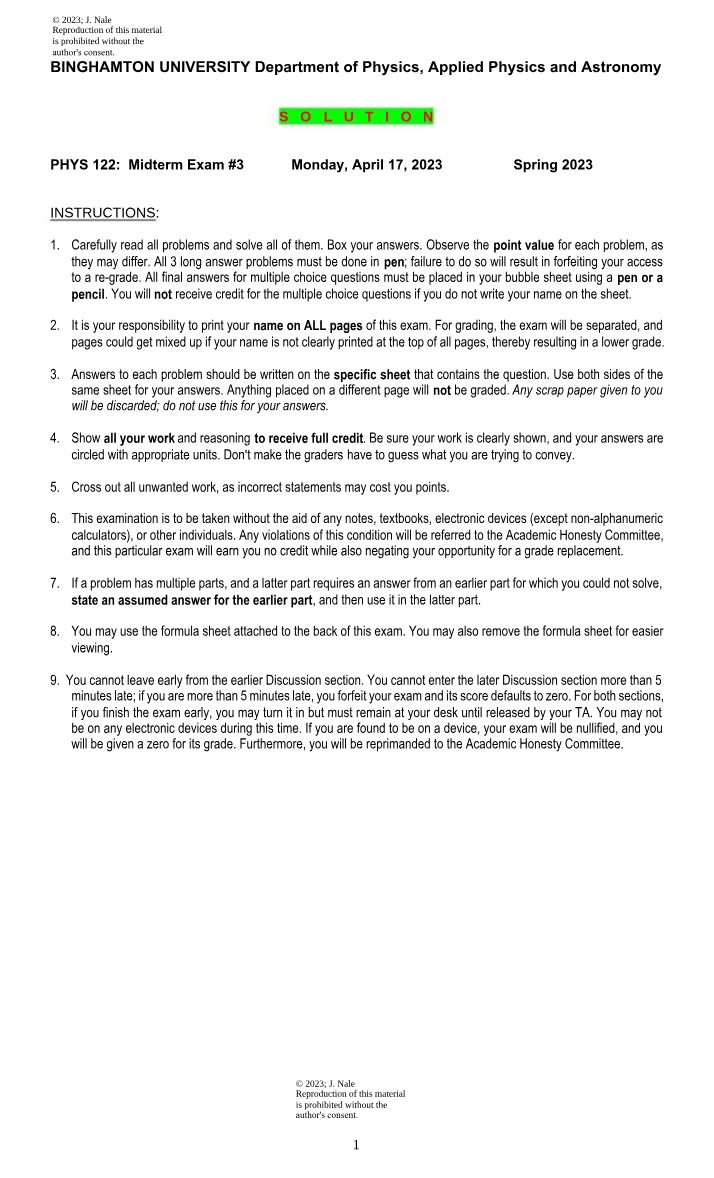 PHYS 122 - Midterm Exam #3 (Multiple Choice)