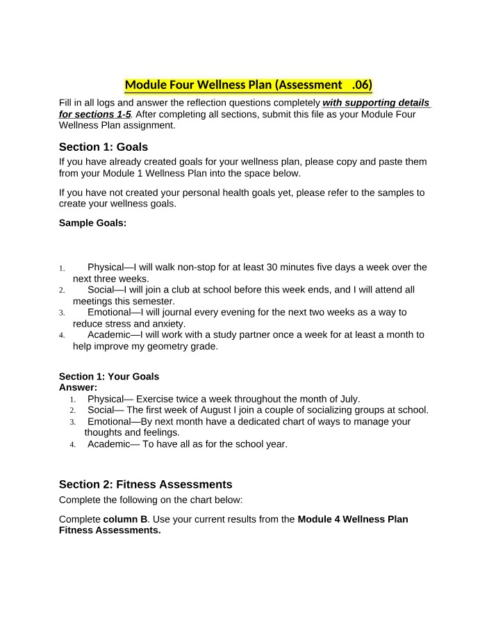 Wellness Plan Module Four - Assessment 4.06