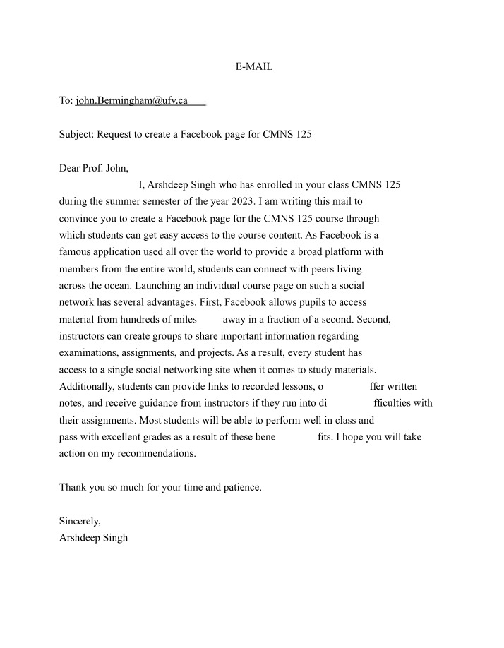 CMNS 125 - Facebook Page Request E-mail