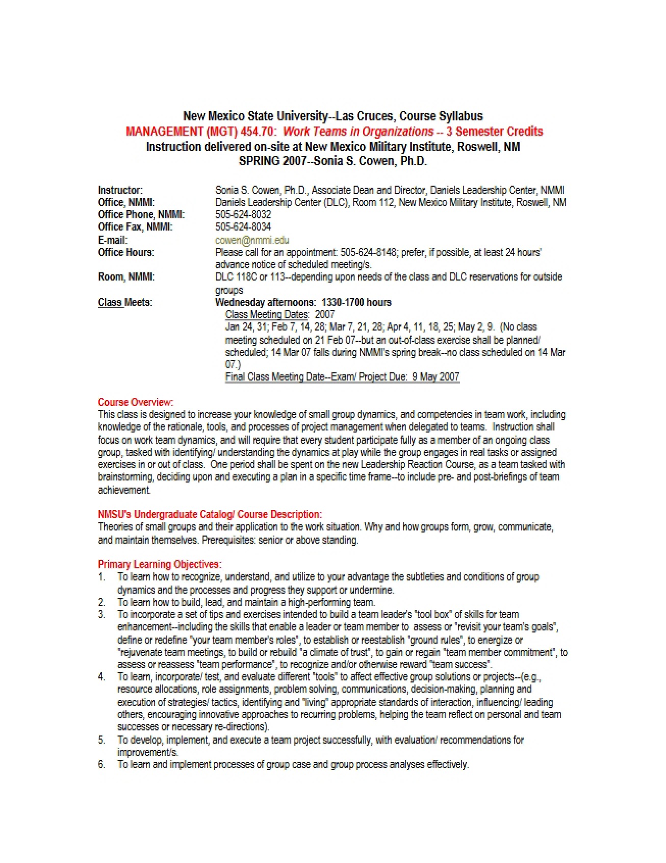Syllabus for the Work Teams in Organizations Course