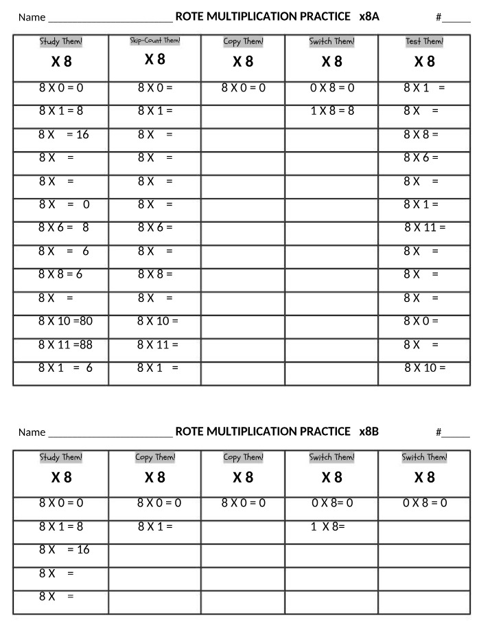 Rote Multiplication Practice - x8A and x8B