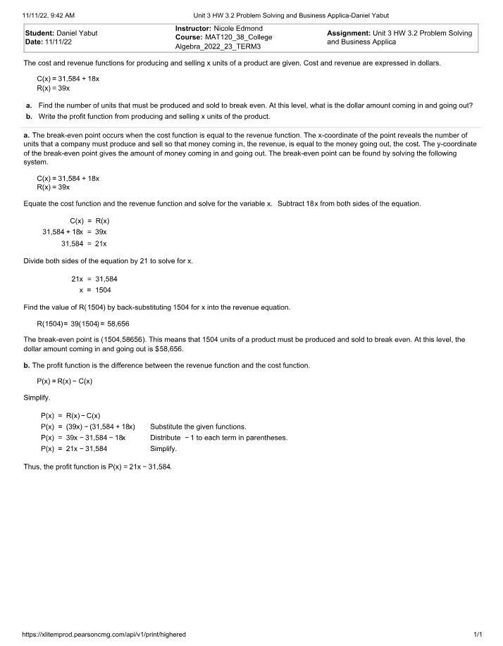 Break-Even Point and Profit Function - Business Applications HW