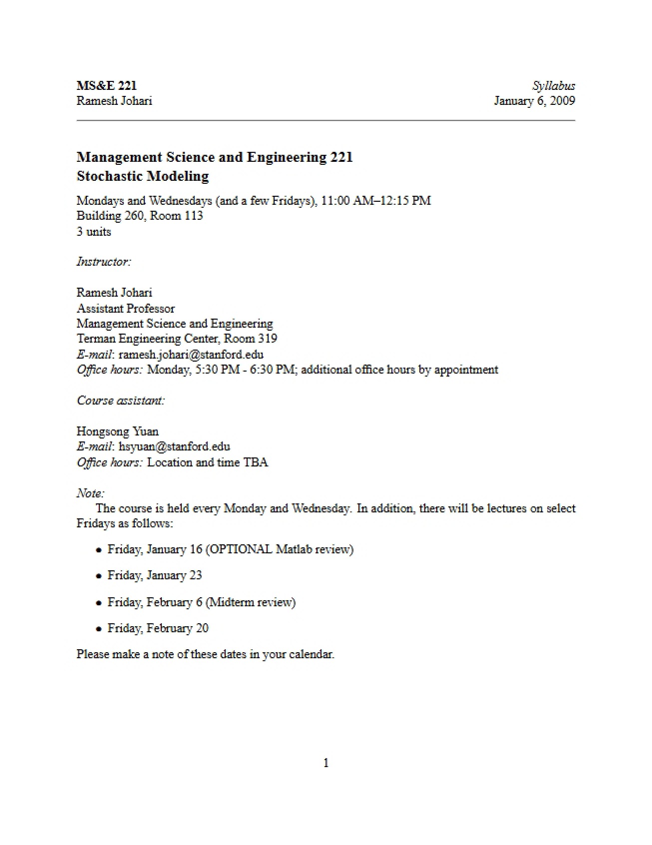 Overview of the Stochastic Modeling Syllabus