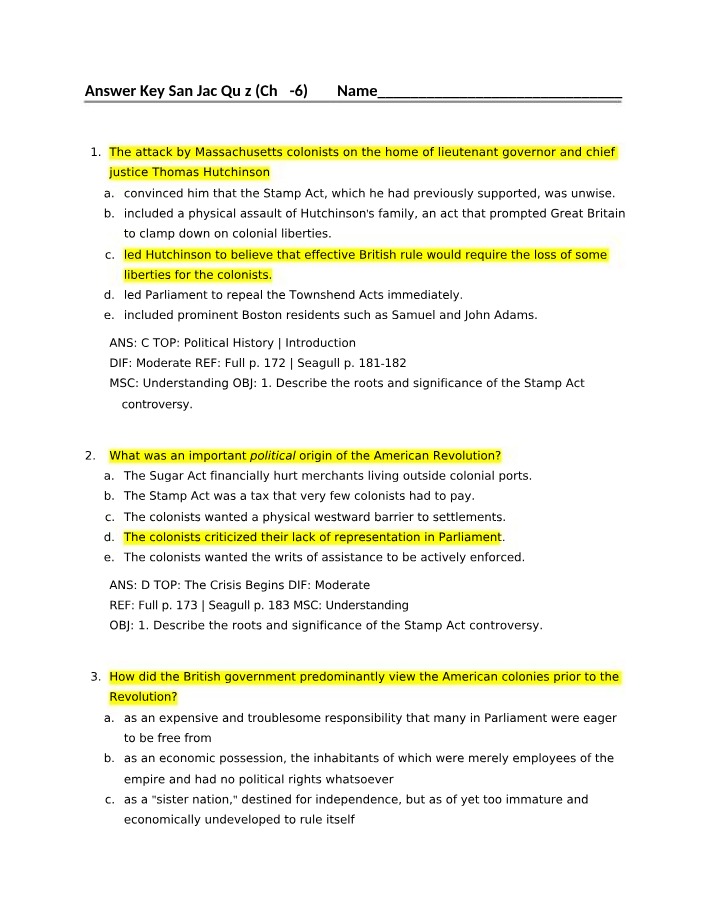 Stamp Act Controversy - Quiz Answer Key