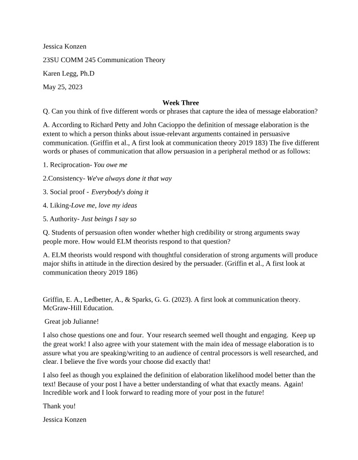 Week Three Communication Theory Questions and Answers Set A