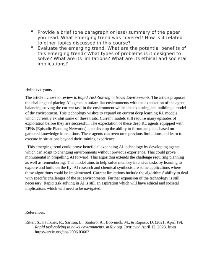 Novel Environments - Rapid Task-Solving