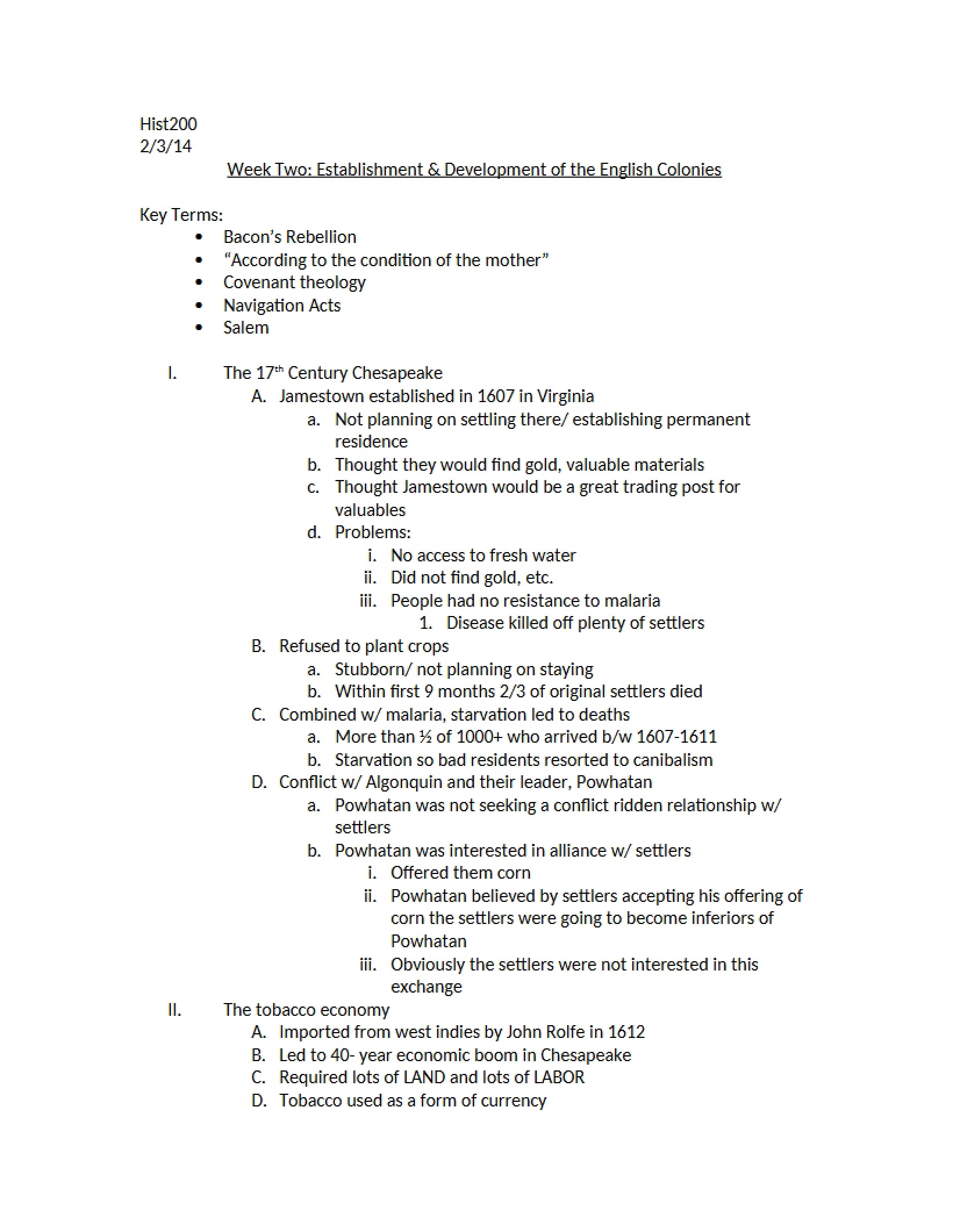 English Colony Development and Establishment Week 2