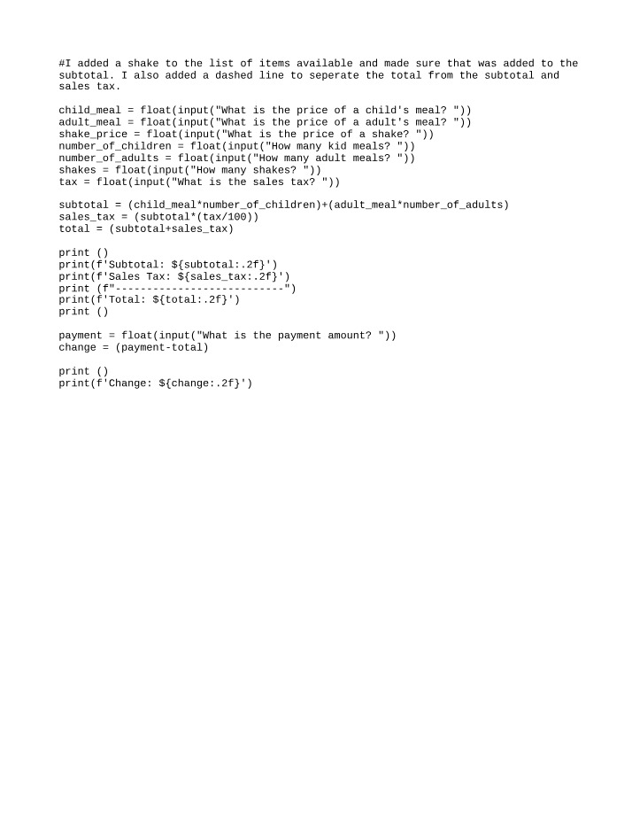 Calculating Total, Sales Tax, and Subtotal with Python