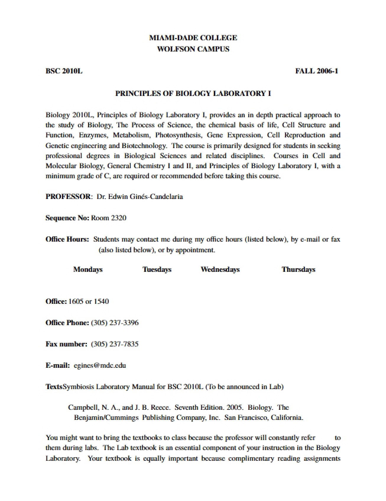 Principles of Biology Lab 1 Syllabus