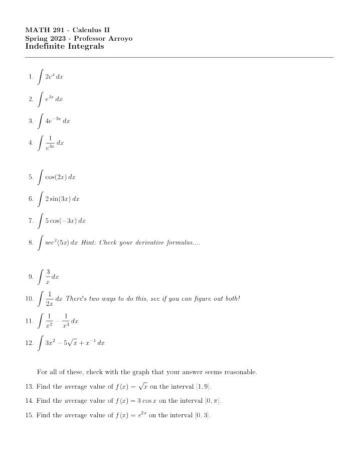 Indefinite Integrals - Average Value Problems