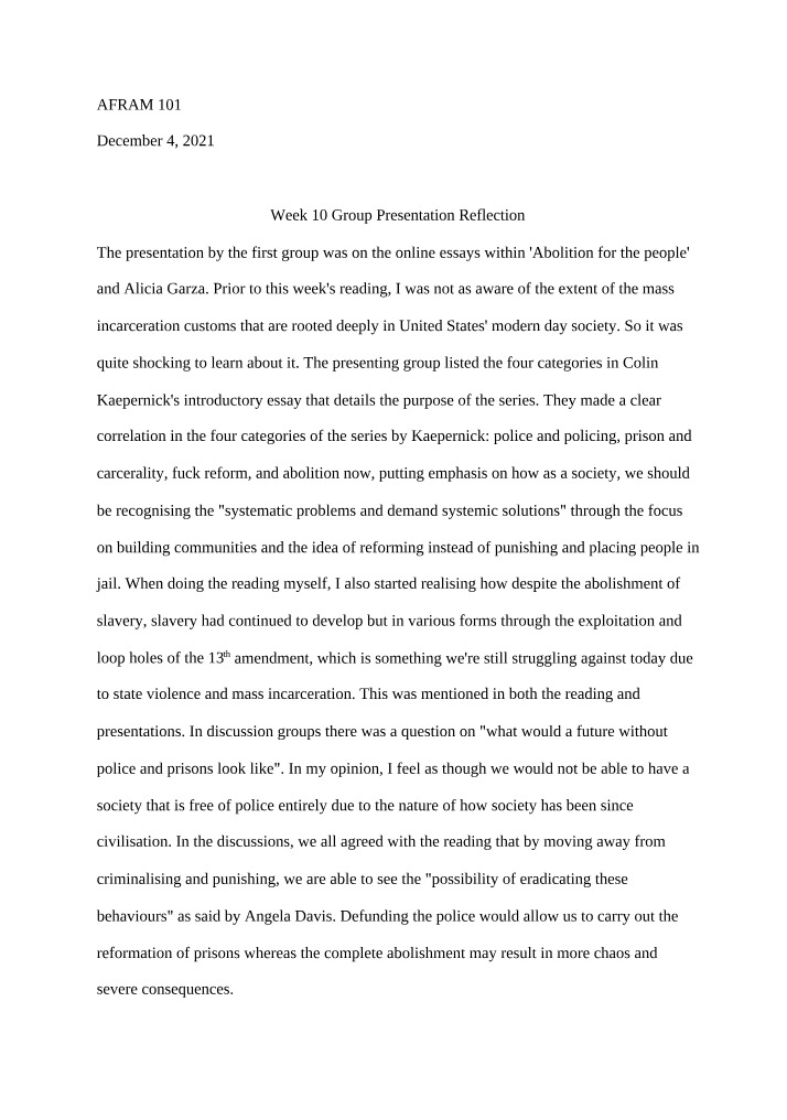 Reflection on Week 10 Group Presentation