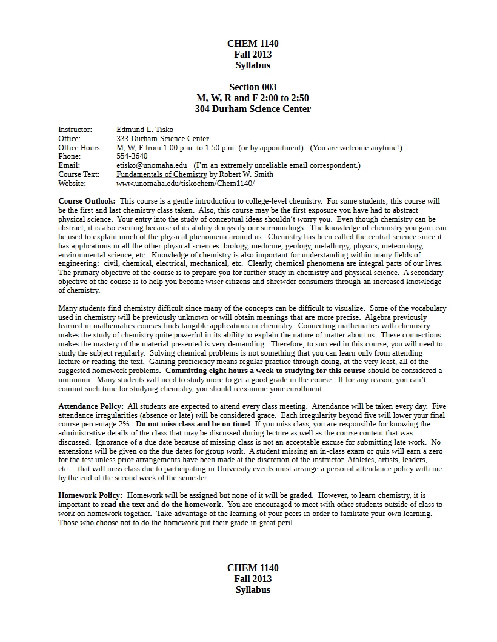 College Chemistry Syllabus