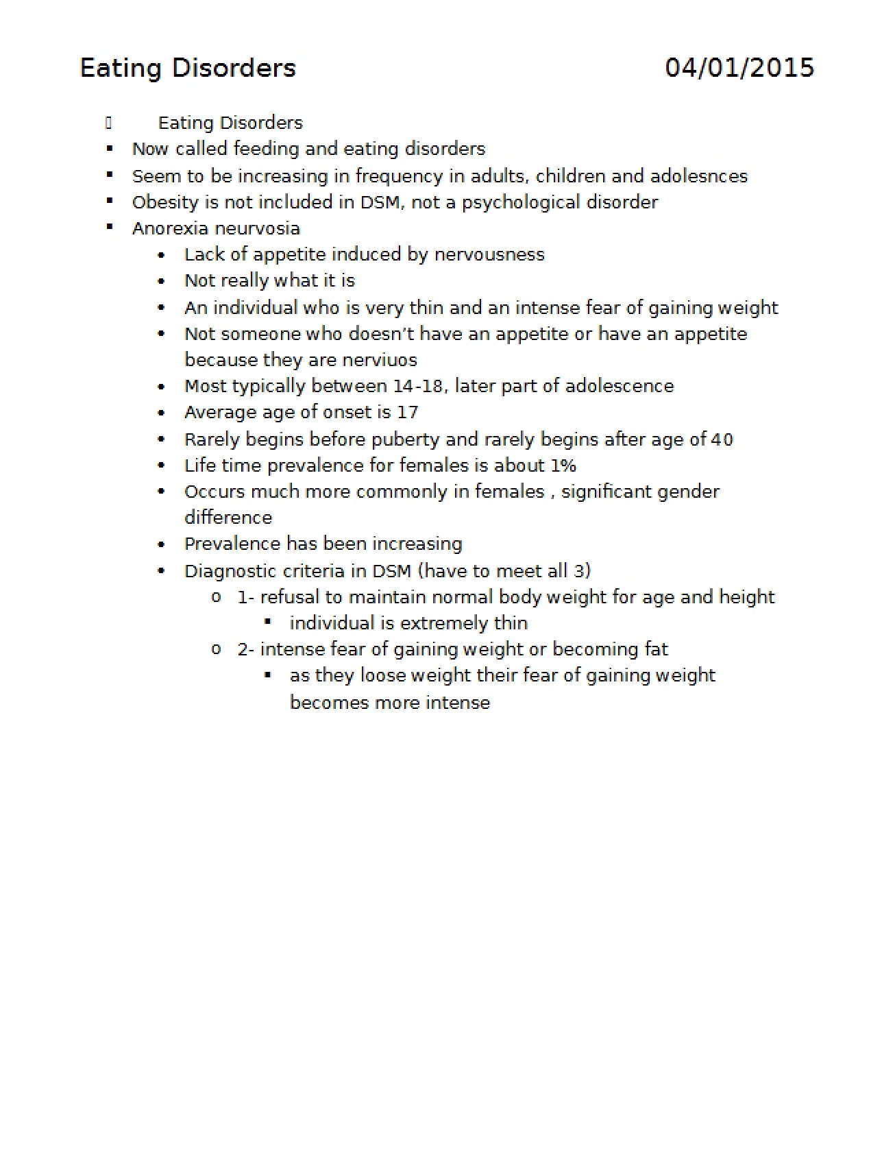 Exam Three Material Eating Disorders
