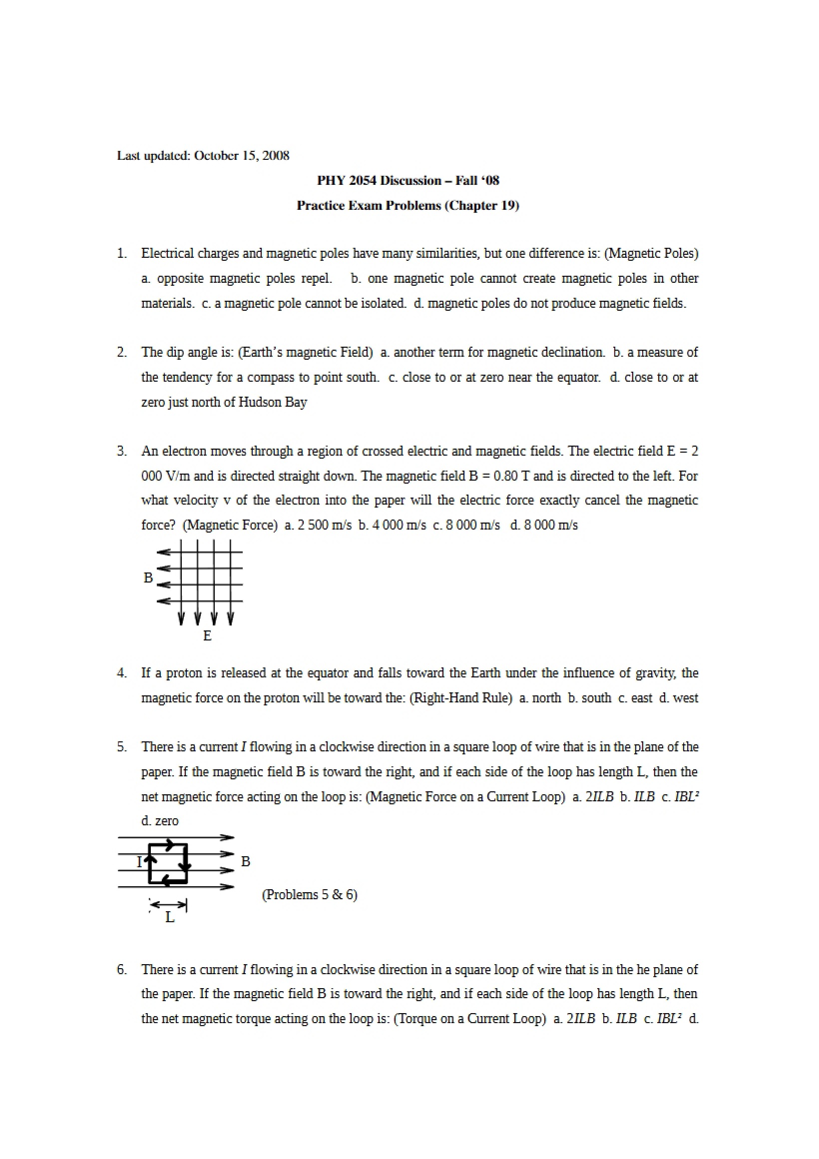 Problems for Practice Exam