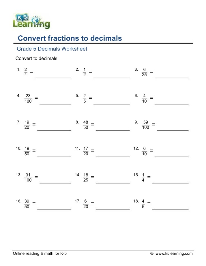 Fractions to Decimals - Grade 5 Worksheet