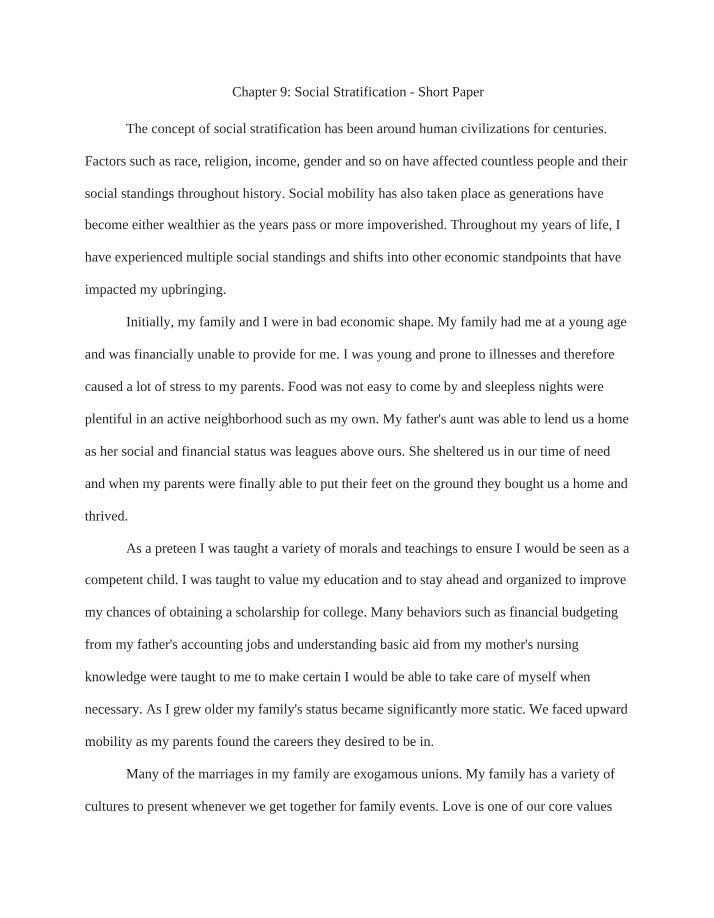 Social Stratification - Chapter 9 Short Paper