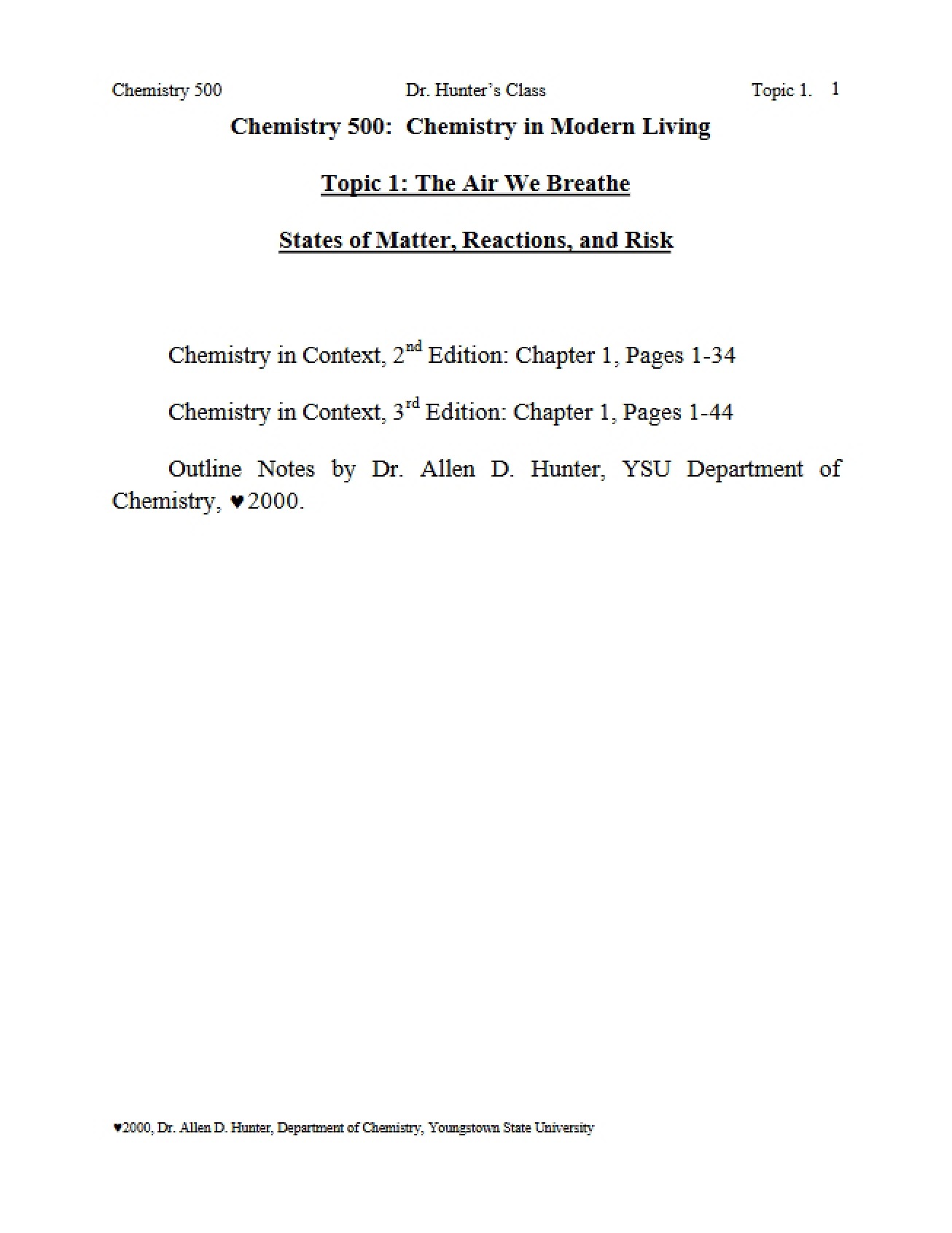 Air We Breathe States of Matter, Risk, and Reactions (Topic 1)