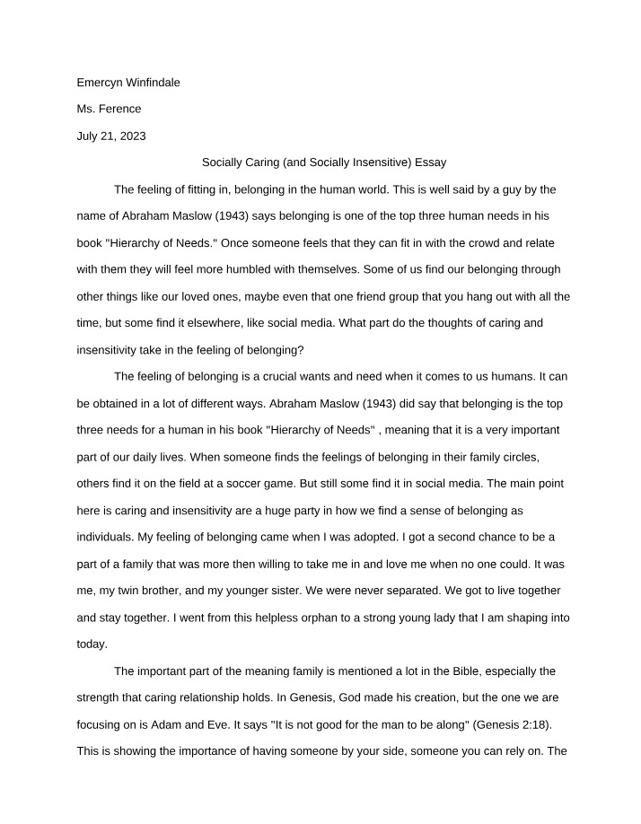 Caring and Insensitivity in Finding a Sense of Belonging