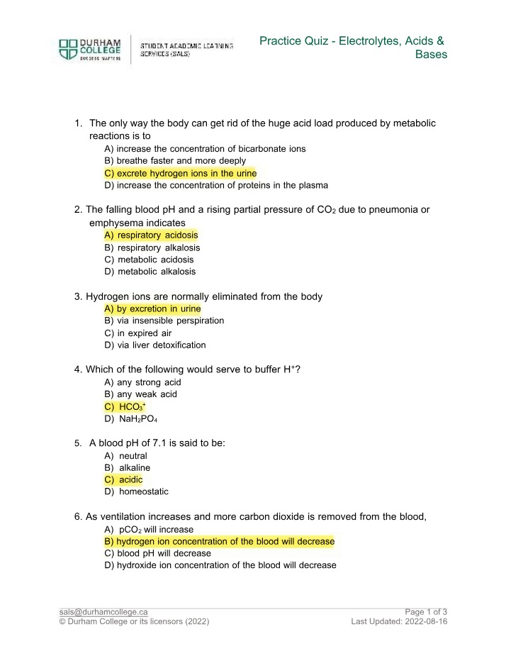 Acid & Base Electrolyte Balance Quiz