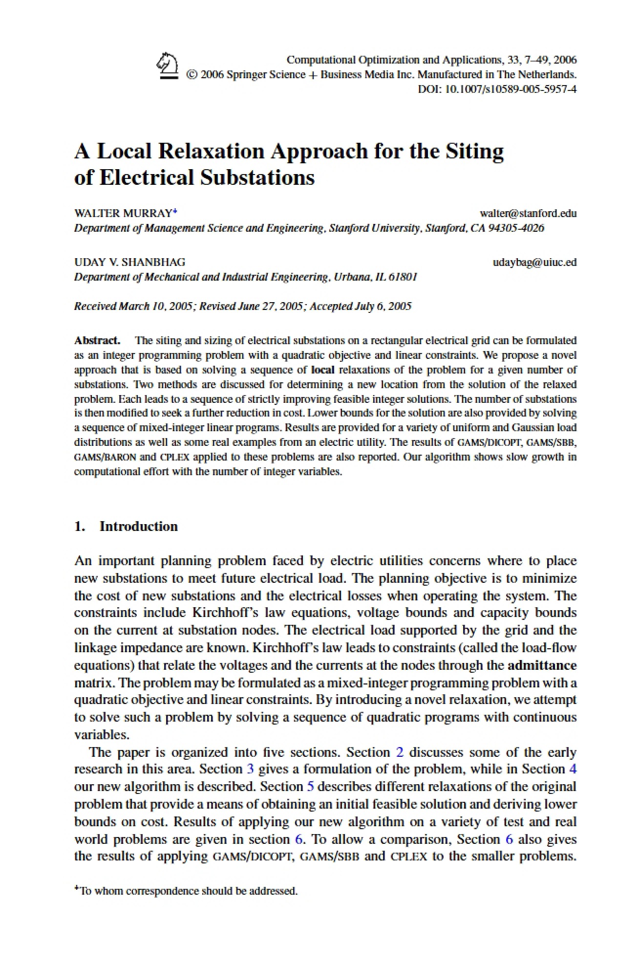 Advanced Methods in Numerical Optimization A Local Relaxation Approach for Siting Electrical Substations