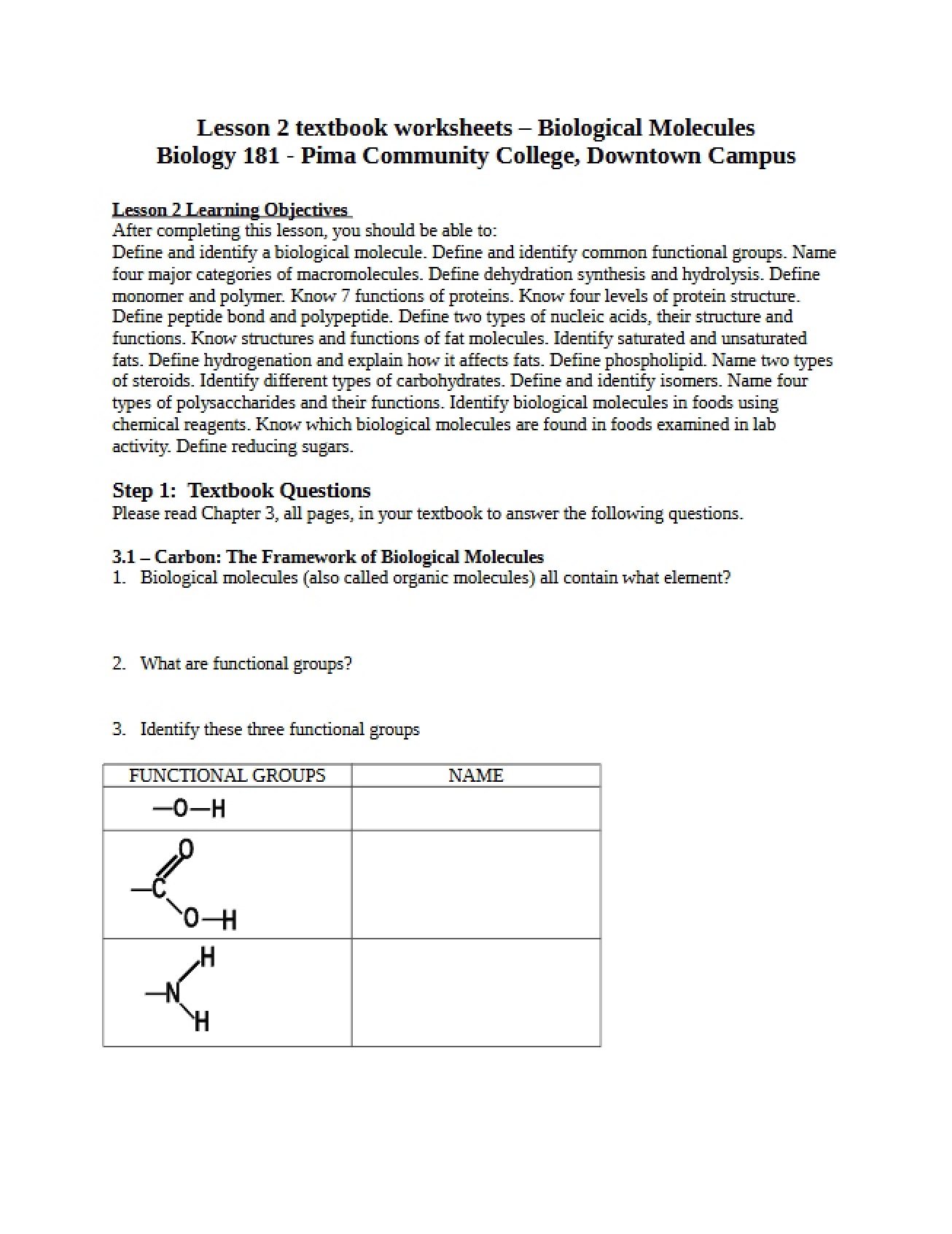 Textbook Worksheets for Lesson 2 on Biological Molecules