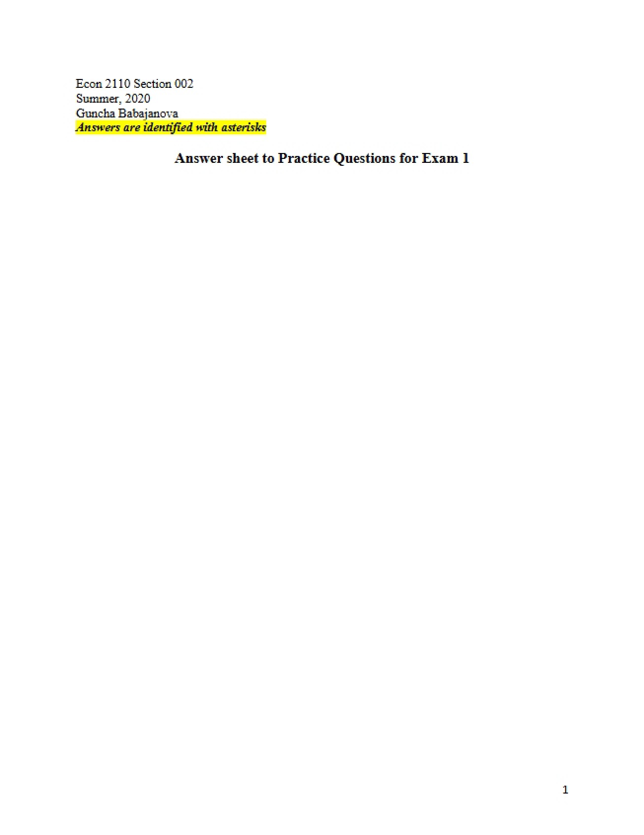 Exam One Practice Questions - Answer Sheet