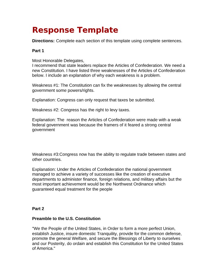 Articles of Confederation and U.S. Constitution Preamble - Response Template