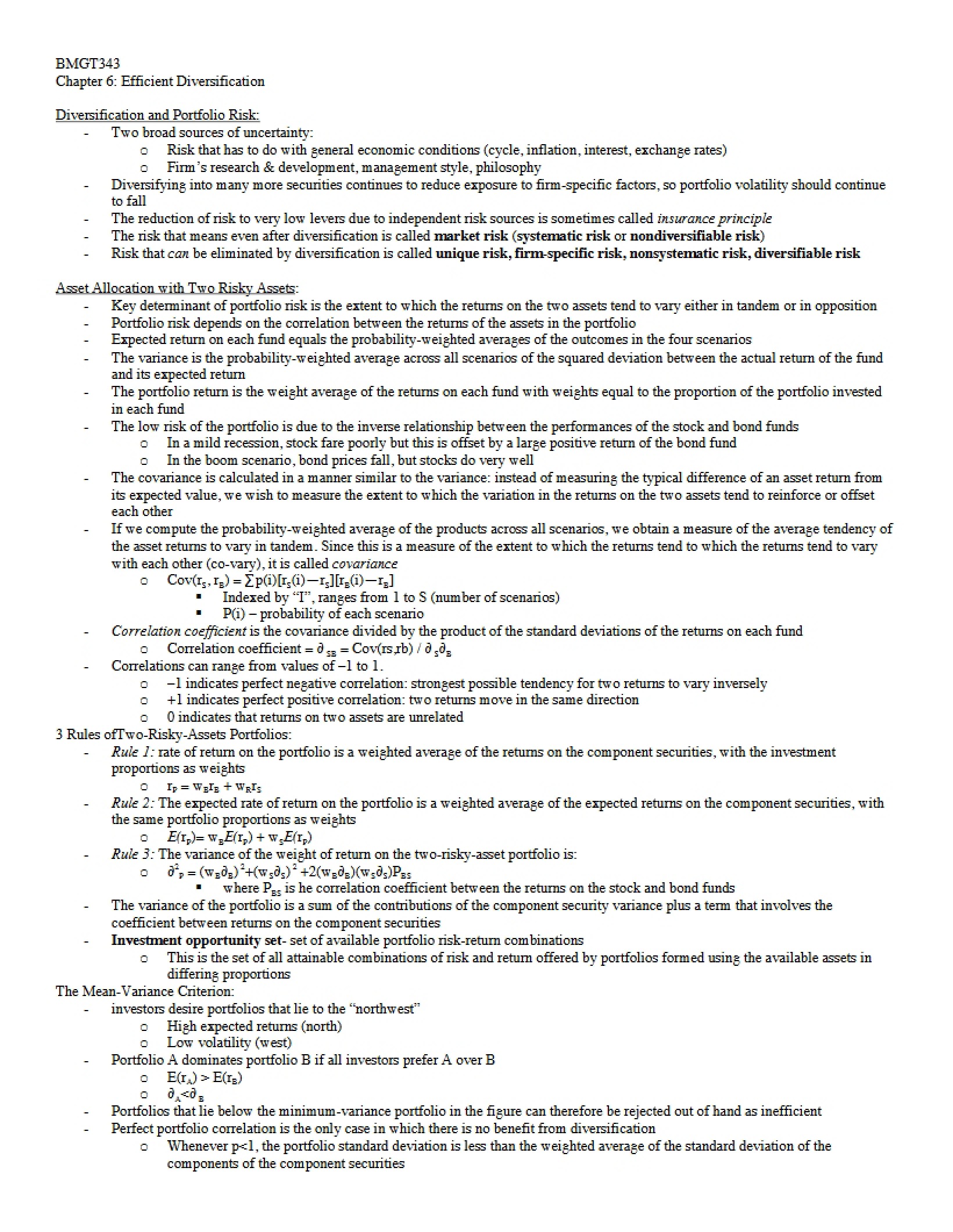 Chapter 6 - Efficient Diversification