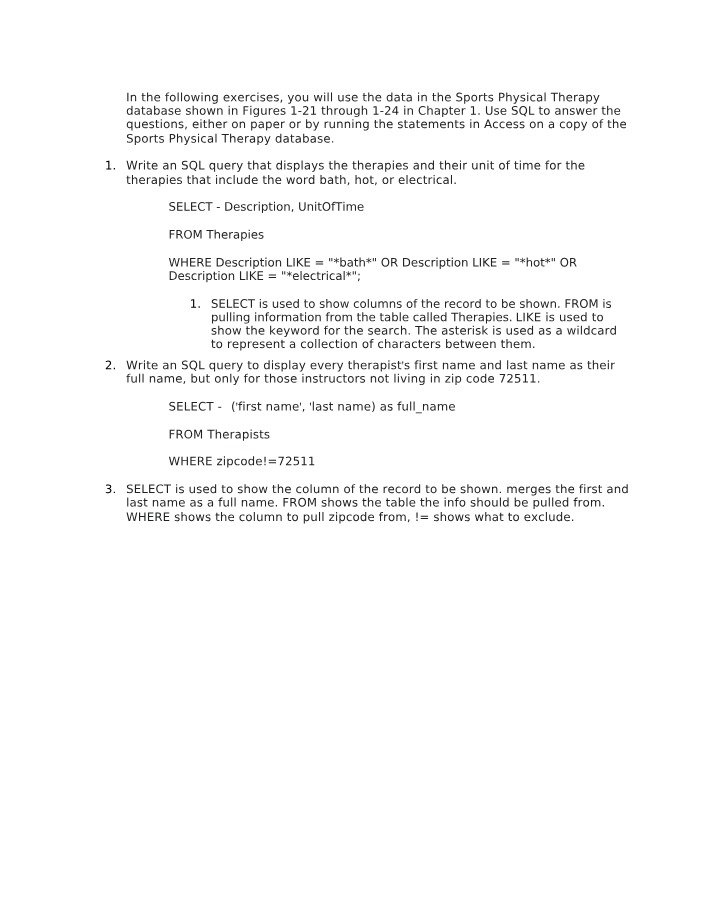 Sports Physical Therapy Database - SQL Queries