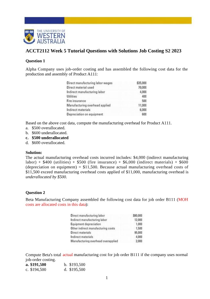 Job Costing Tute Questions and Solutions - ACCT2112 Week 5 S2 2023