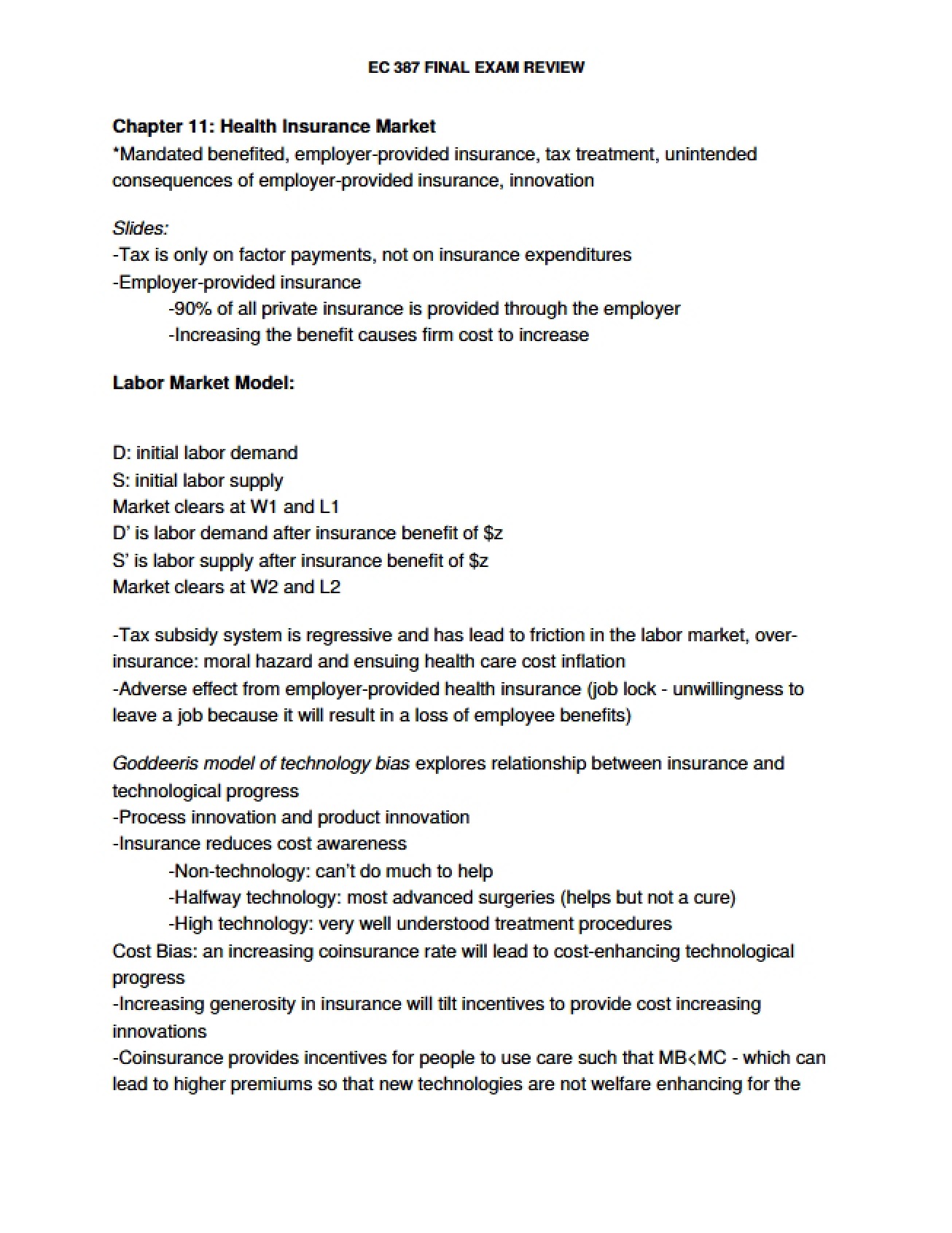 Final Exam Review for Introduction to Health Economics